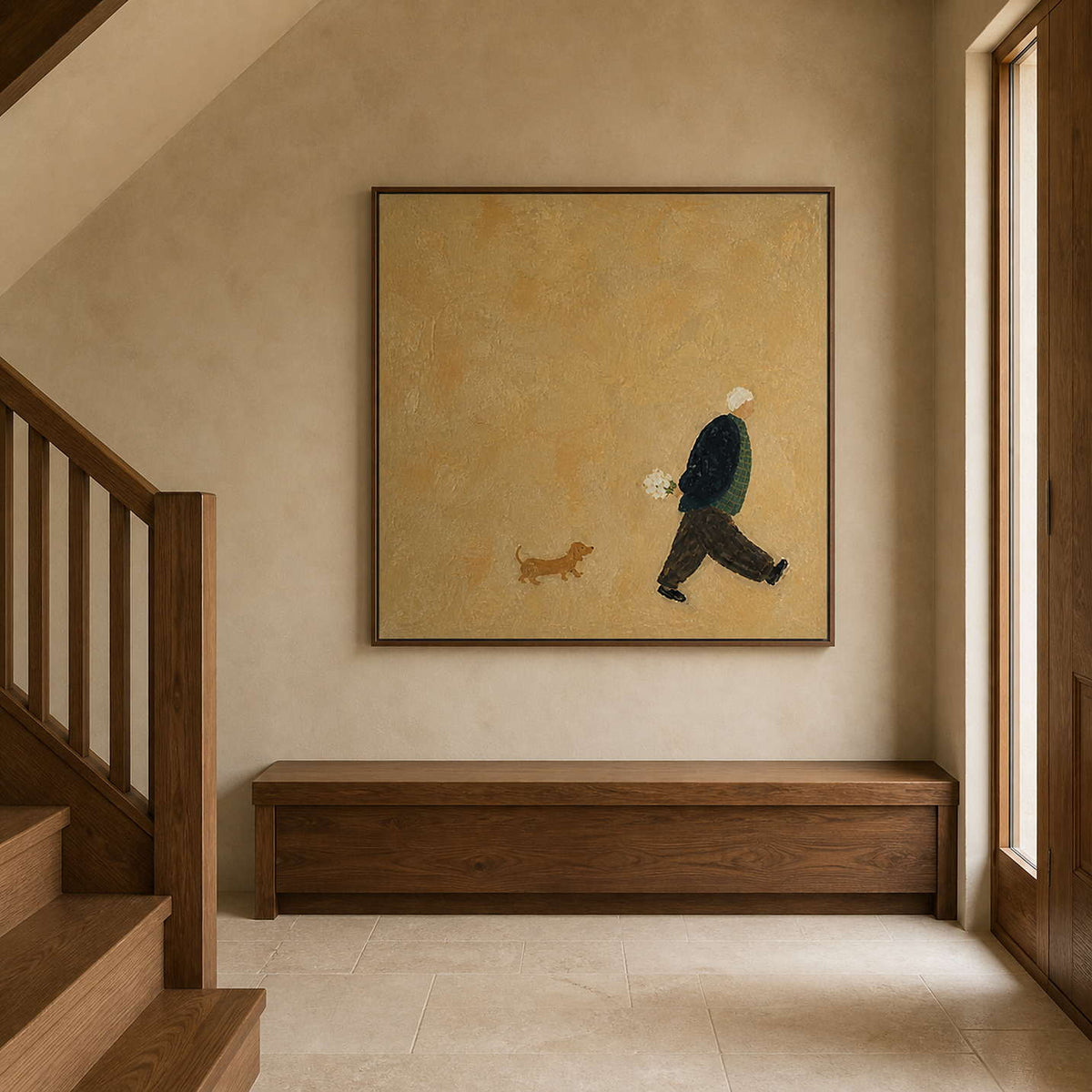 Warm textured figurative wall art displayed in a wood-accented entryway.