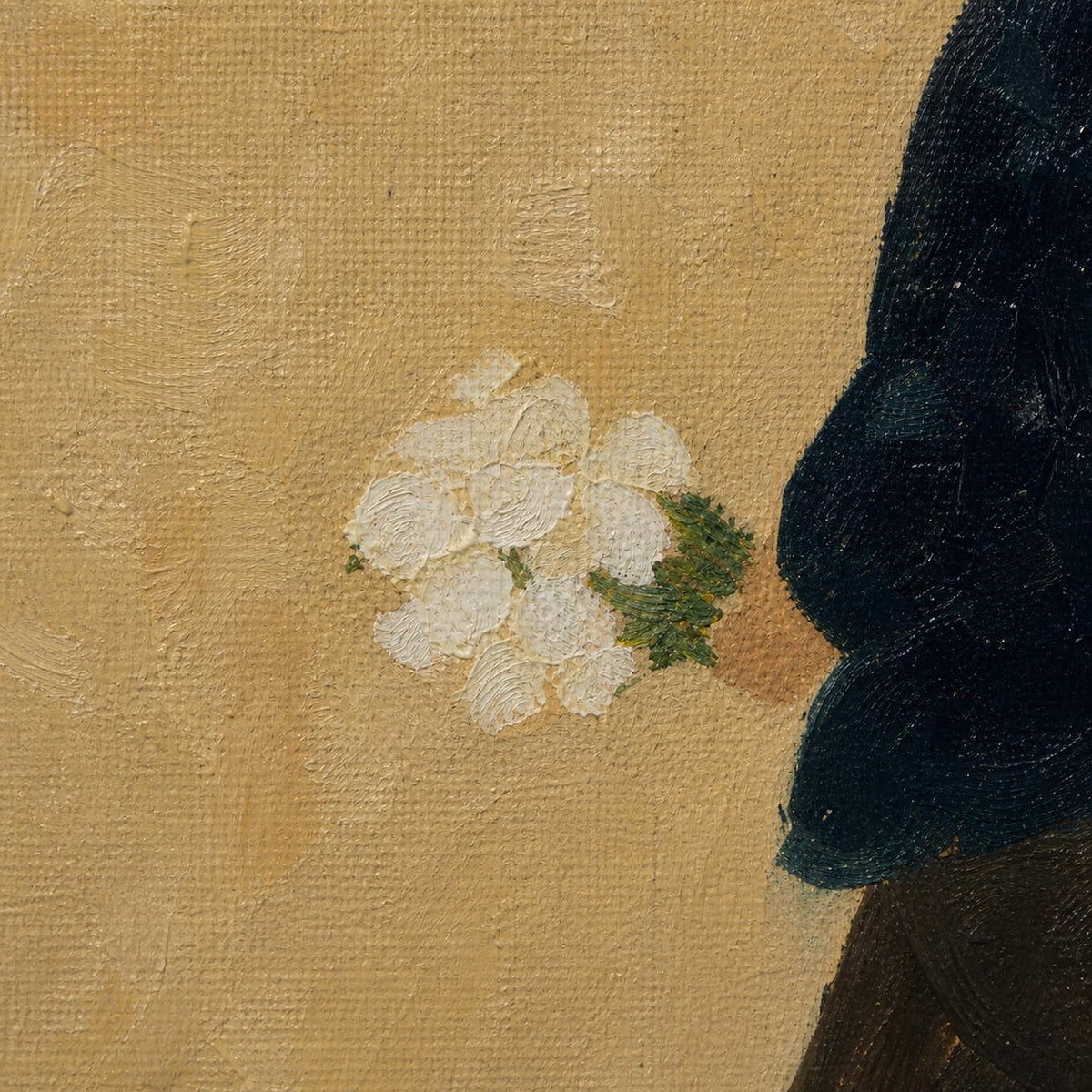 Close-up of raised white flowers and warm ochre hand-painted texture.