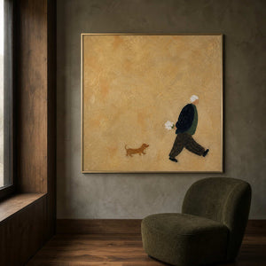 Ochre figurative canvas styled in a dark modern lounge with green seating.