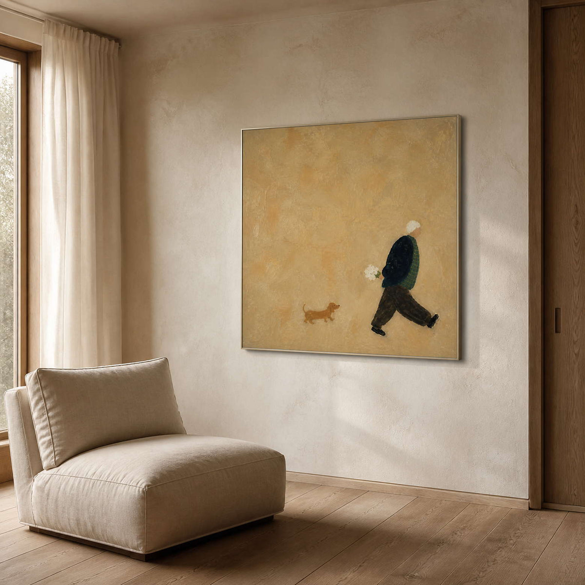 Square figurative wall art displayed beside a softly lit reading chair.