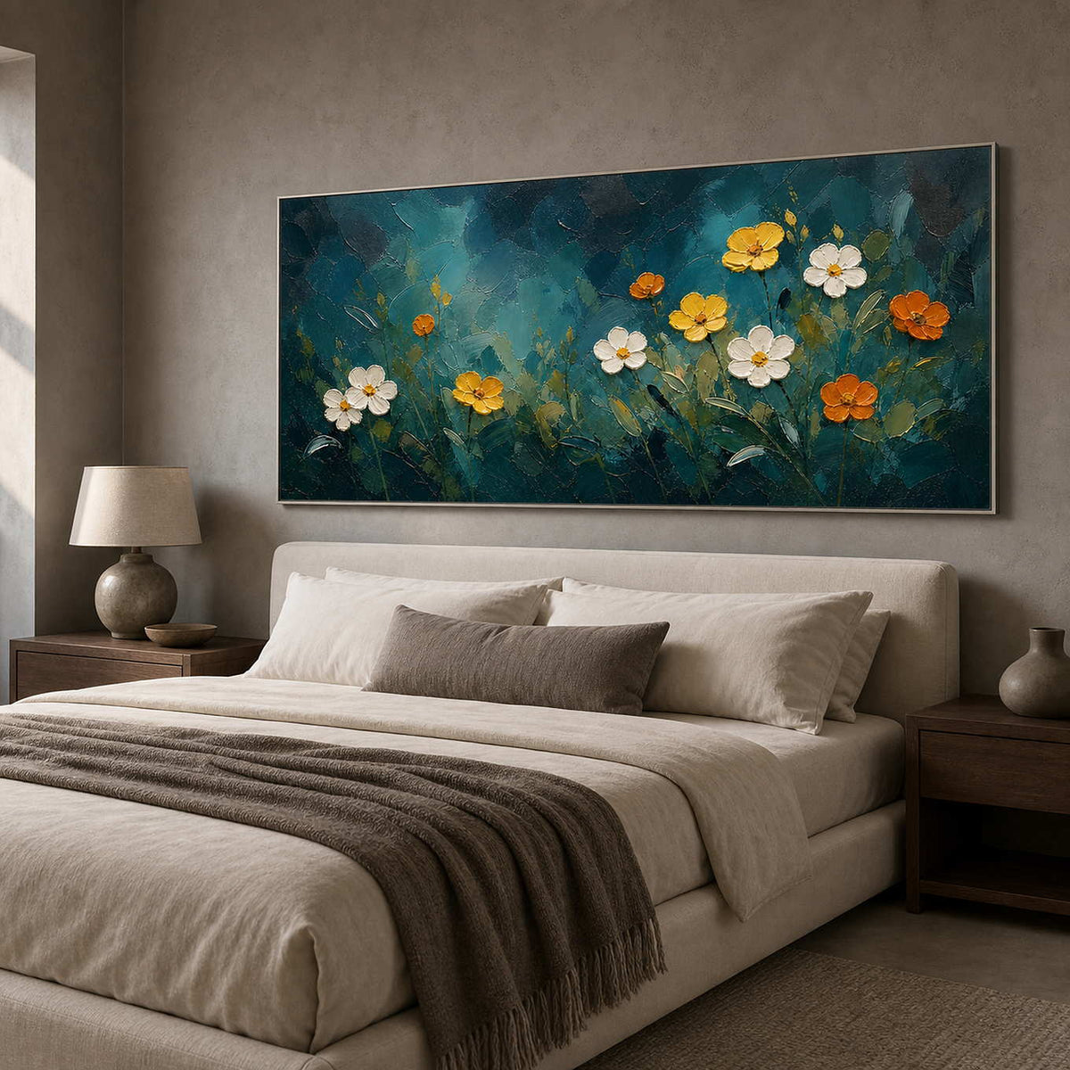 Textured teal flower painting above a calm modern bedroom.