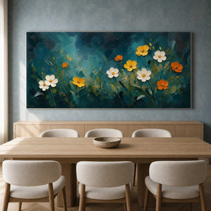 Colorful botanical wall art above a refined dining room.