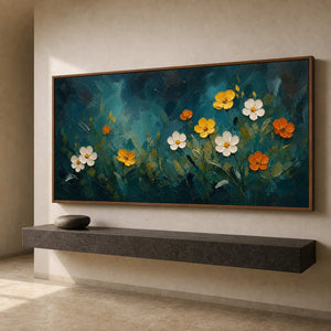 Panoramic floral art above a warm wood entryway console.