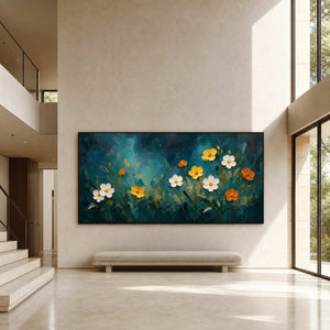 Large teal floral wall art in a double-height foyer.