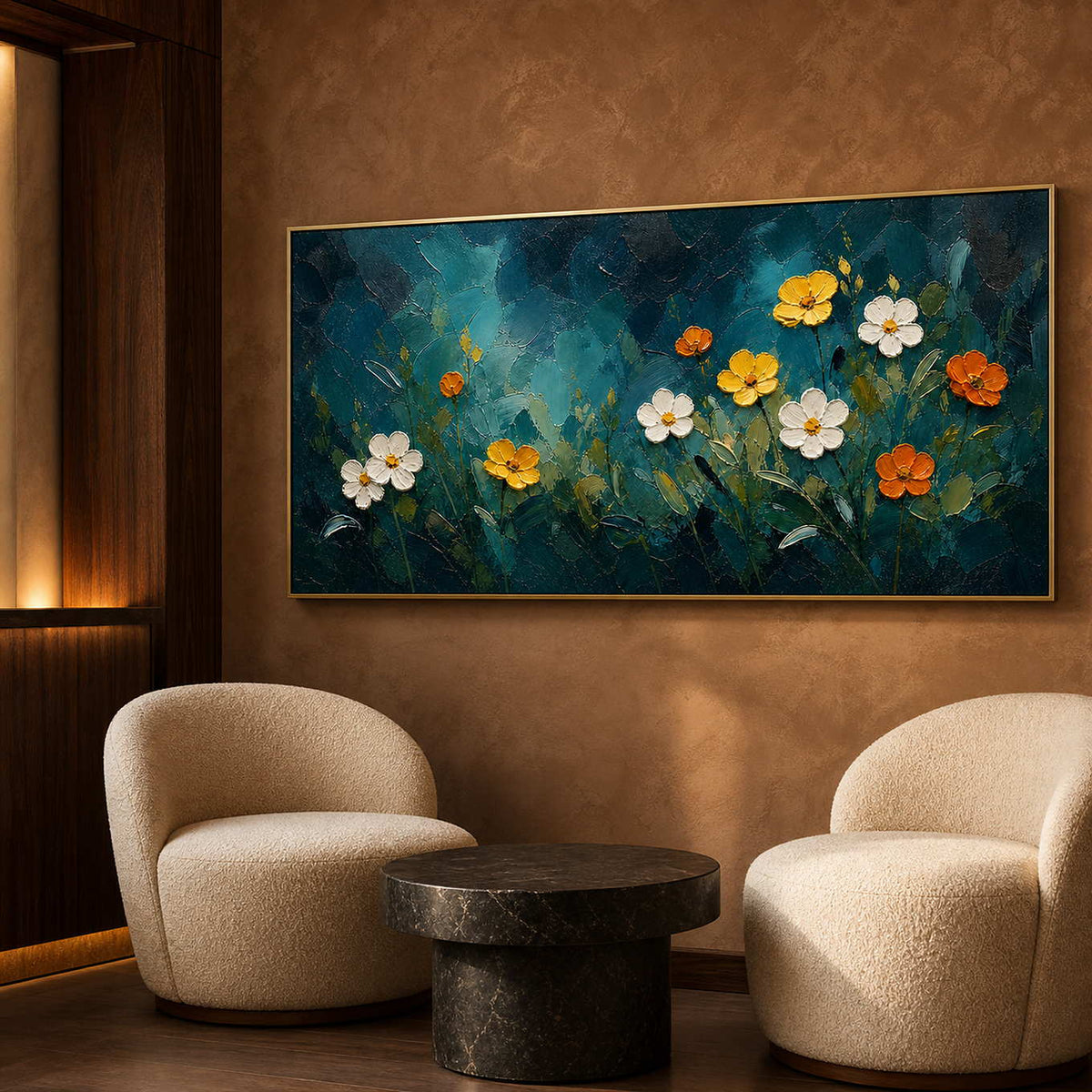 Vibrant botanical painting in a boutique hotel lounge.