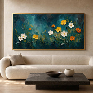 Deep teal textured floral wall art in a modern living room.