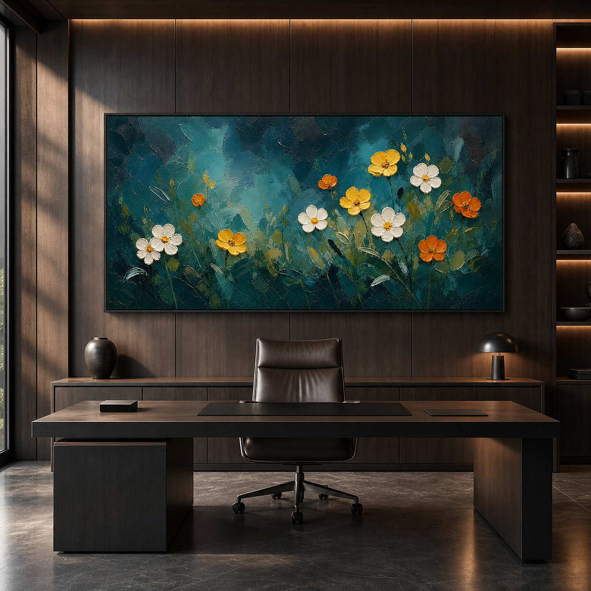 Jewel-toned floral painting in a sophisticated contemporary office.