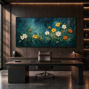 Jewel-toned floral painting in a sophisticated contemporary office.
