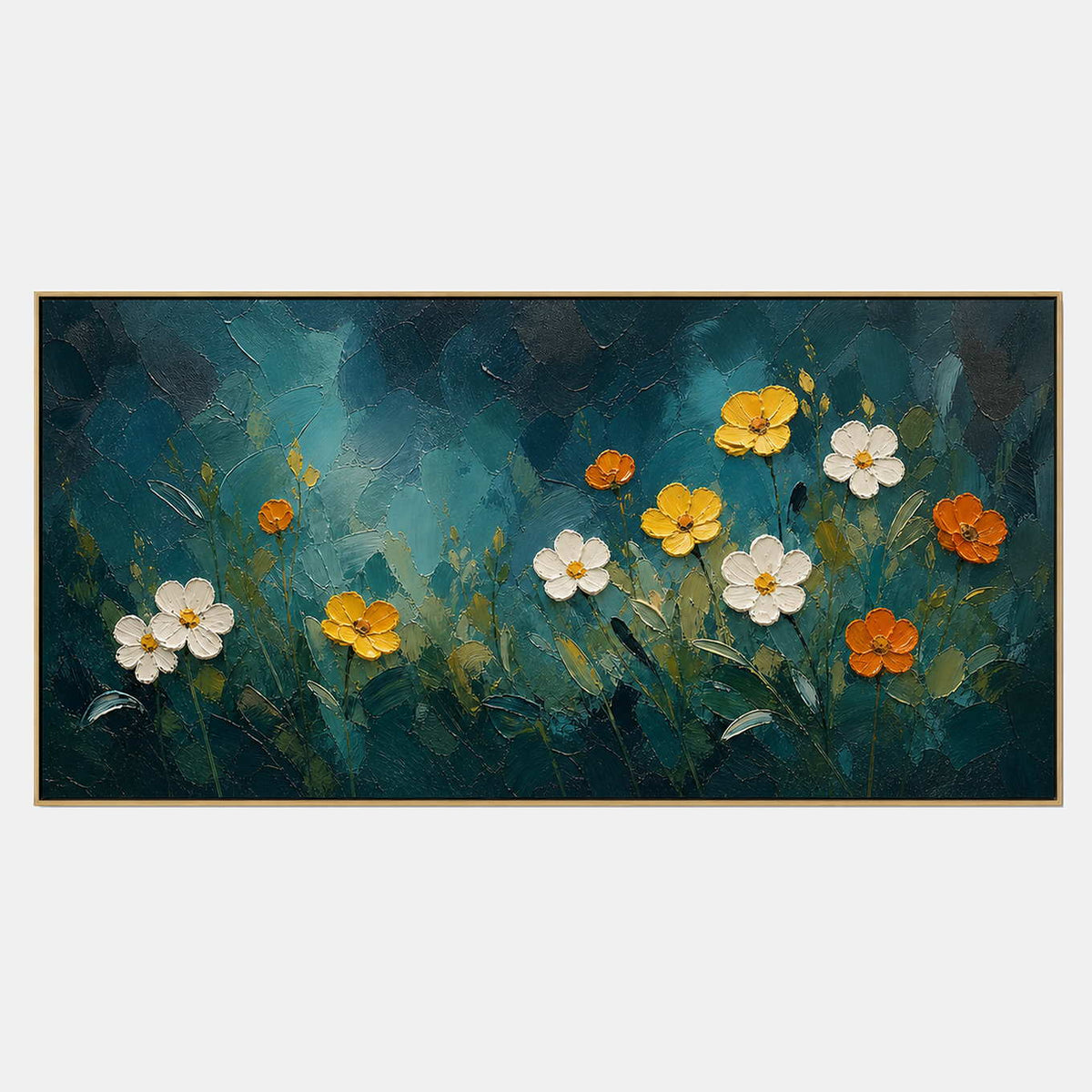 Panoramic teal meadow with white, yellow, and orange textured flowers.