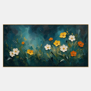 Panoramic teal meadow with white, yellow, and orange textured flowers.