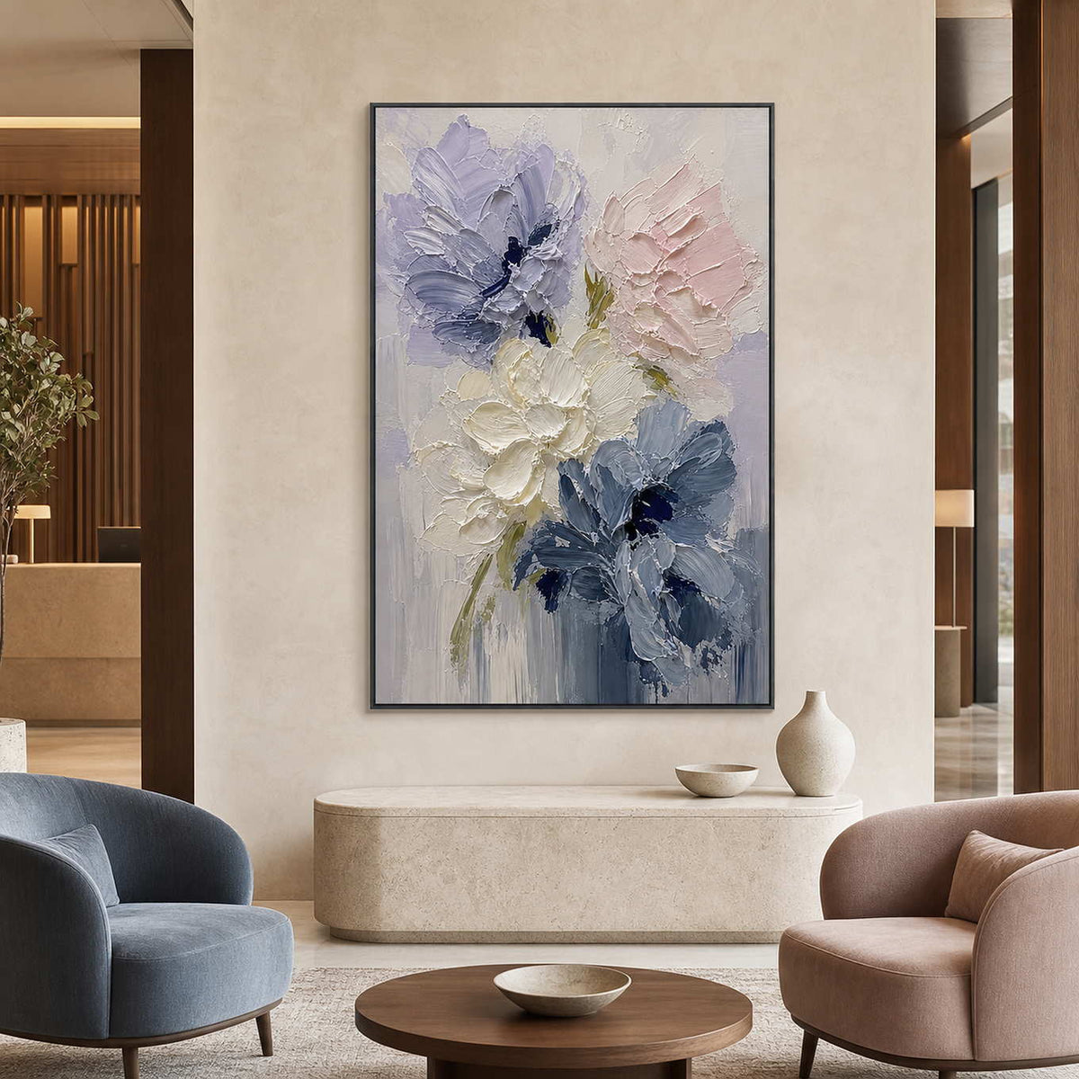 Textured Floral Wall Art displayed in a refined hospitality lounge 2.
