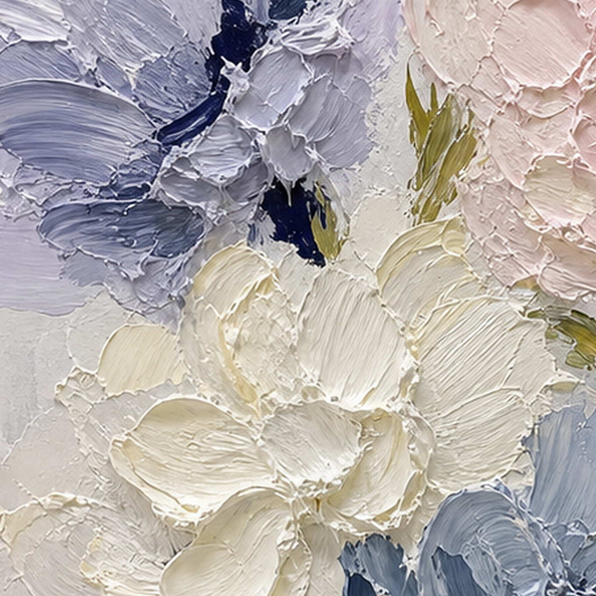 Close-up of raised hand-painted texture in blue, pink & blush, and white.