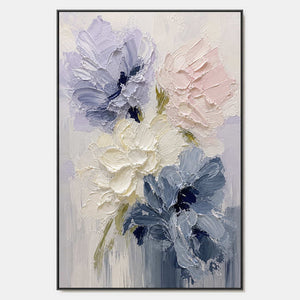 Hand-painted textured floral wall art with blue, pink & blush, and white tones.
