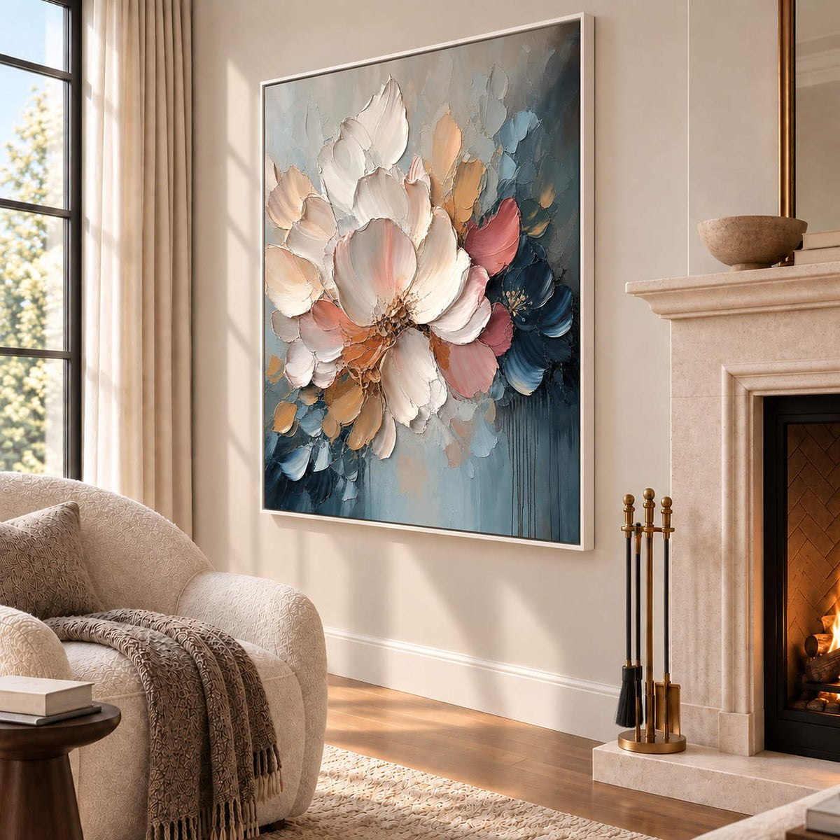 Vertical ivory, blush, and midnight-blue sculpted floral painting, displayed beside or above a fireplace in a white frame.