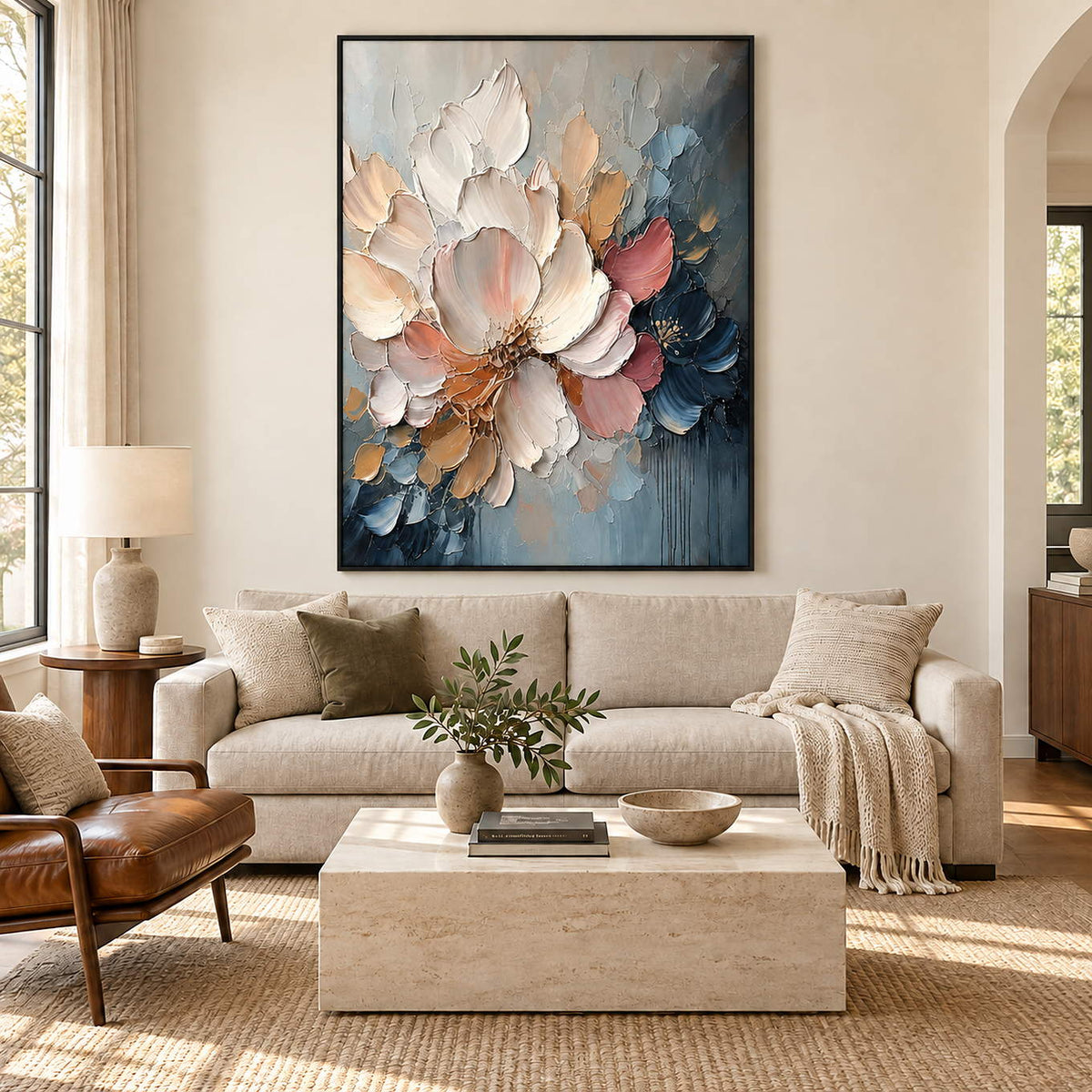 Vertical ivory, blush, and midnight-blue sculpted floral painting, displayed in a living room in a black frame.