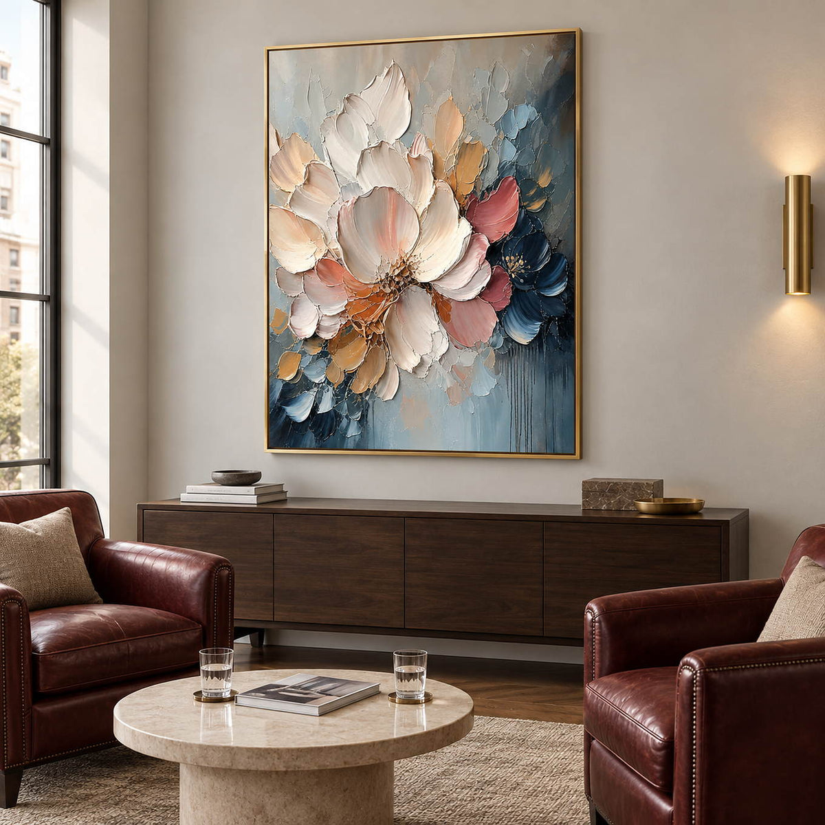 Vertical ivory, blush, and midnight-blue sculpted floral painting, displayed in a reception lounge in a gold frame.