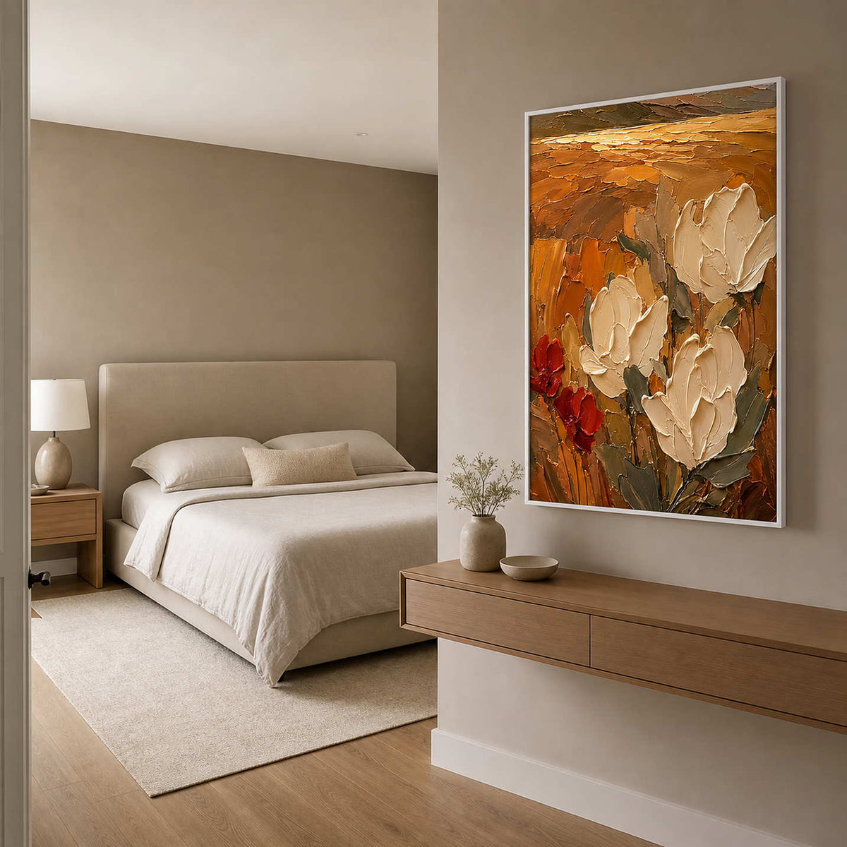 Textured Floral Wall Art displayed in a refined bedroom.