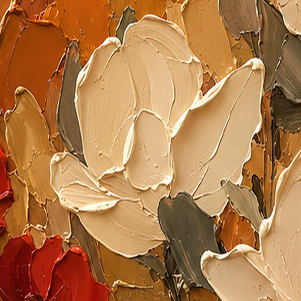 Close-up of raised hand-painted texture in warm tones, white, and earth tones.