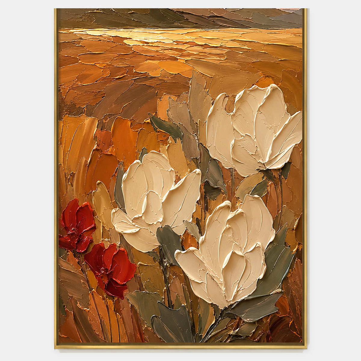 Hand-painted textured floral wall art with warm tones, white, and earth tones tones.