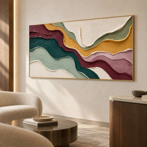 Layered curve painting in a cream sitting room above a round bronze-toned coffee table.