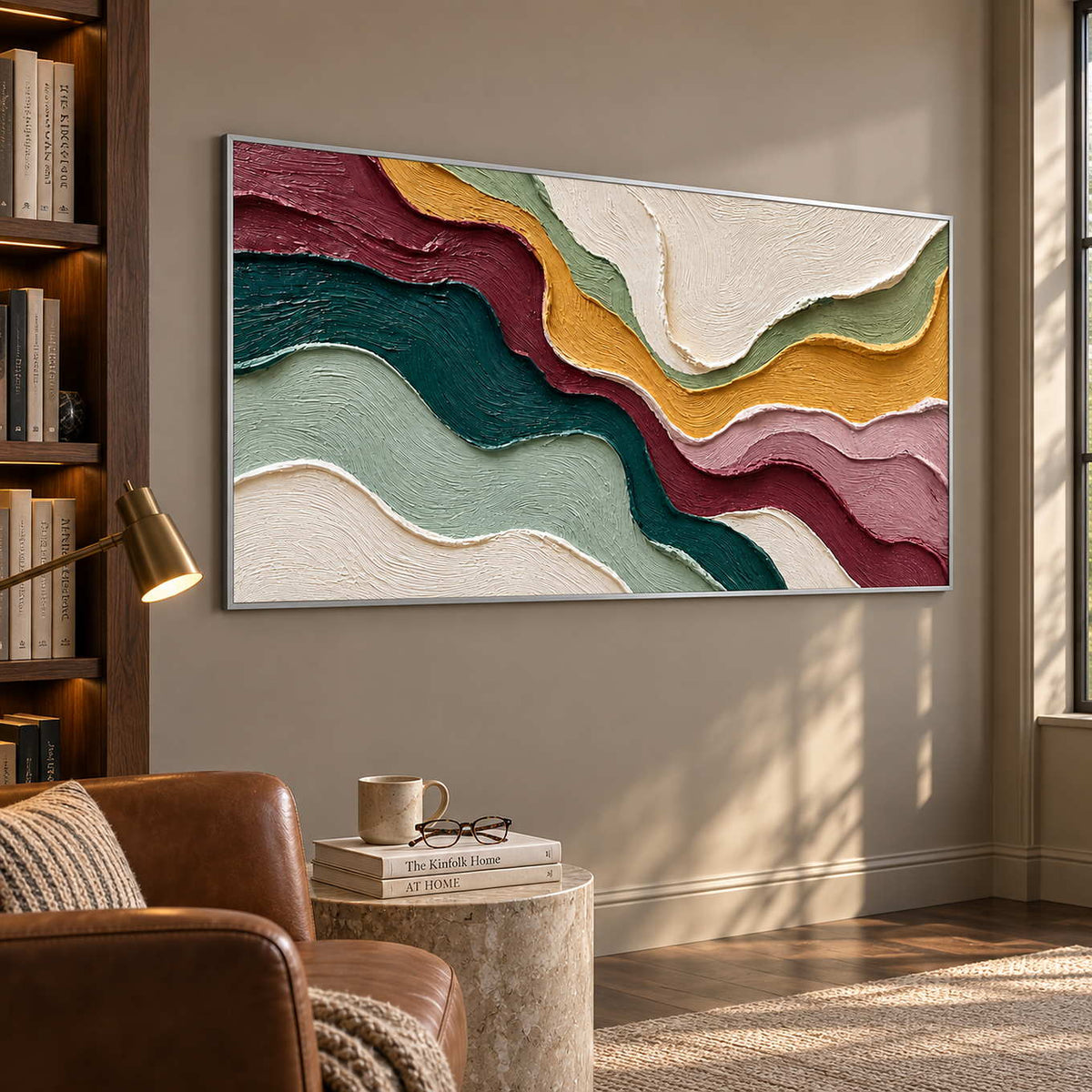 Teal and burgundy abstract beside a brown reading chair and open bookcase.