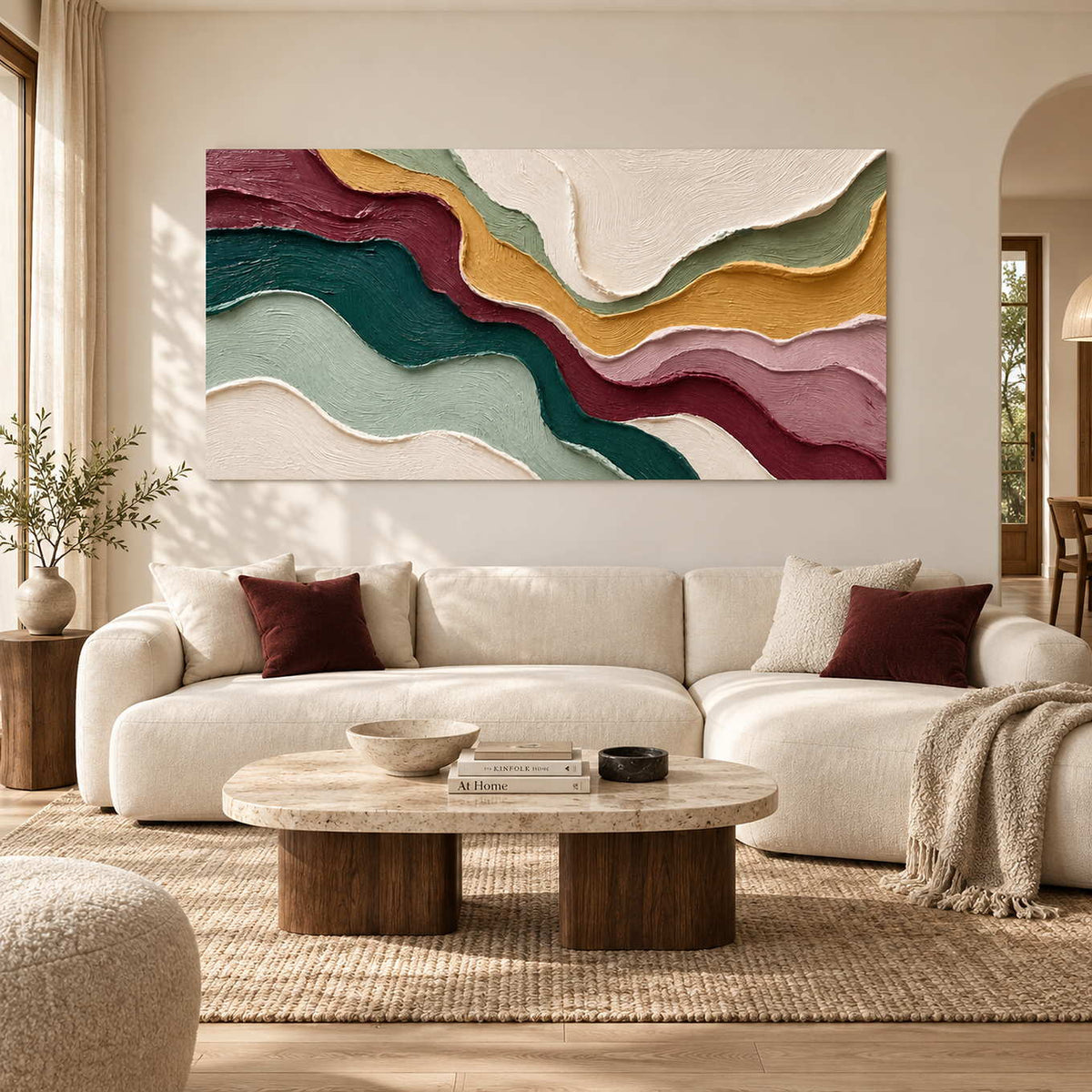 Layered color-band artwork above a cream sofa with burgundy cushions and an oval coffee table.