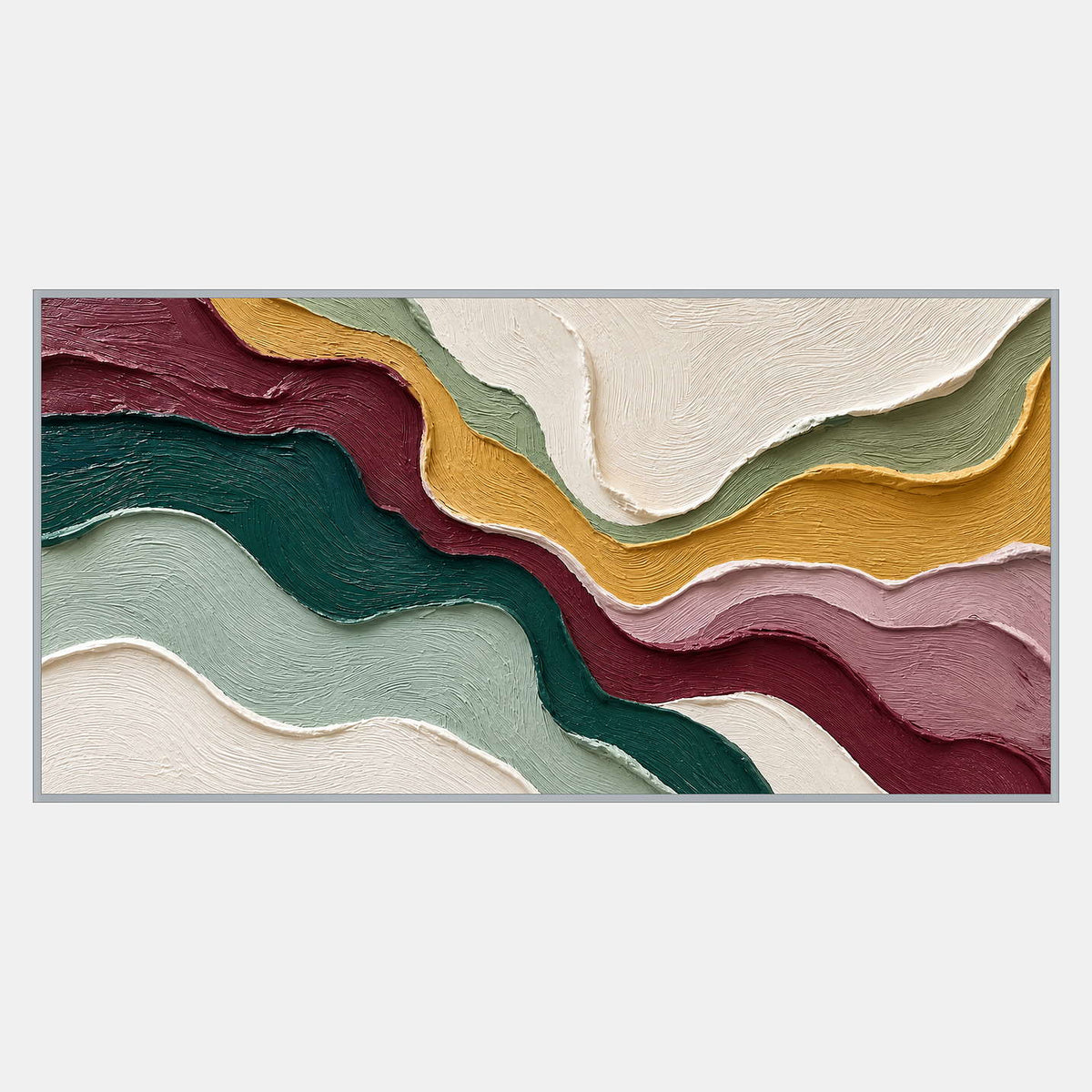 Wide abstract with layered wavy bands of teal, burgundy, mint, mustard, pink, and cream, each carrying fine curved lines.