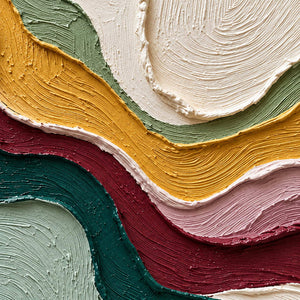 Detail of fine directional grooves and raised edges where mustard, green, cream, and burgundy bands meet.