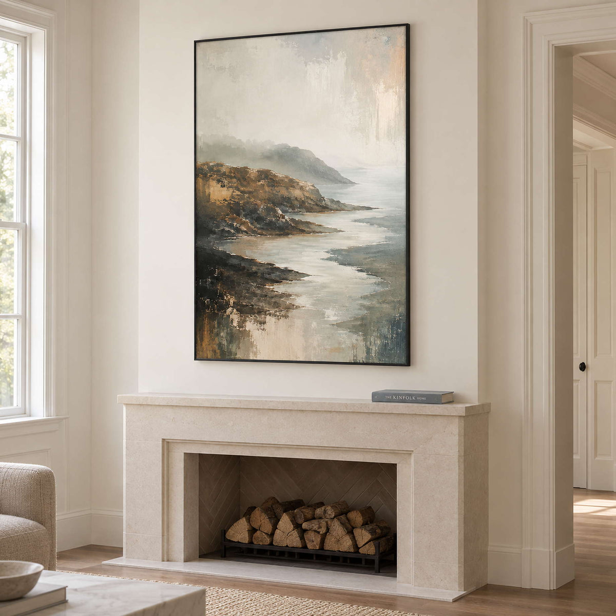 A rocky coast receding into soft gray mist in a black frame, displayed above a fireplace.