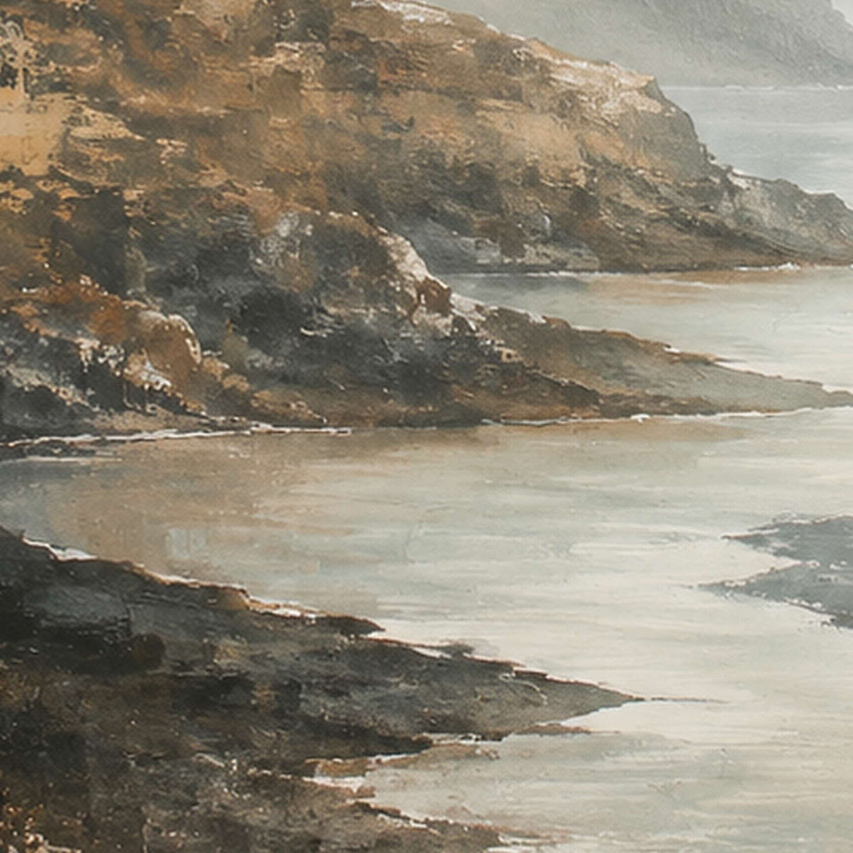 Detail of Fog Takes the Far Shore, showing the dark rocky shore and pale coastal texture.