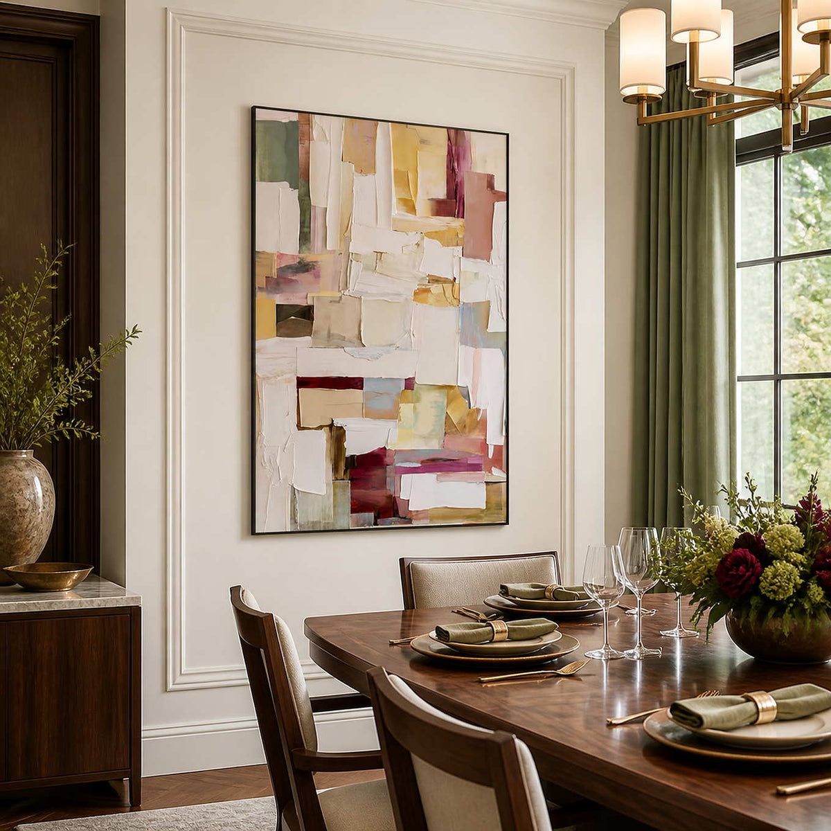 Black framed layered abstract beside a dining table with green napkins and burgundy flowers.