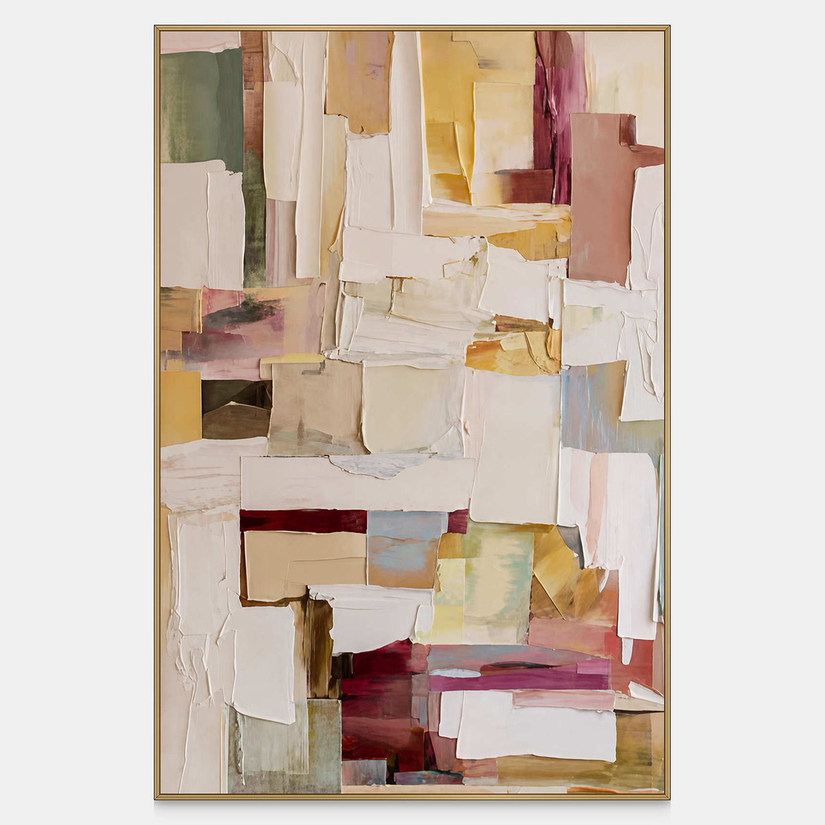 Cream raised rectangles overlap yellow, muted green, blush, and burgundy in a vertical abstraction.