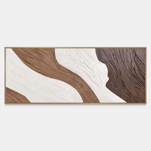 Panoramic abstract wall art with flowing white and brown bands traced by grooves.