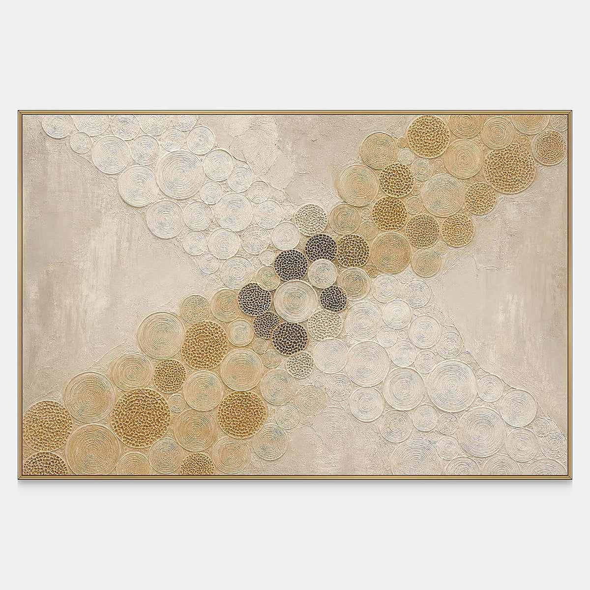 Hand-painted golden circles crossing an ivory field canvas with raised texture.