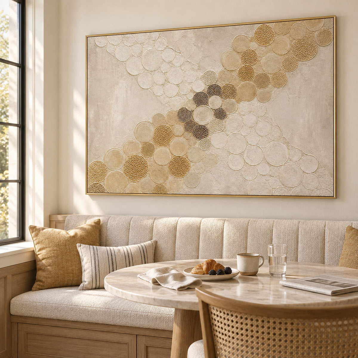 Ivory relief painting with crossing bands of gold and cream circles in a gold frame in a breakfast dining area.
