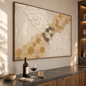 Ivory relief painting with crossing bands of gold and cream circles in a brown wood frame beside a home bar.
