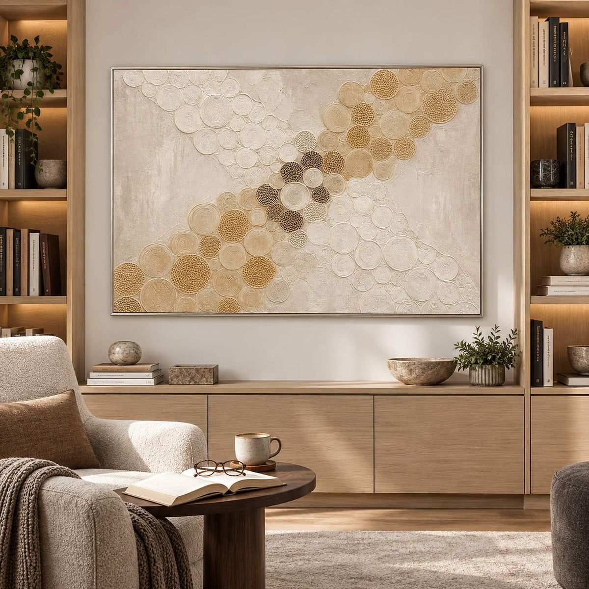 Ivory relief painting with crossing bands of gold and cream circles in a silver frame in a reading room.