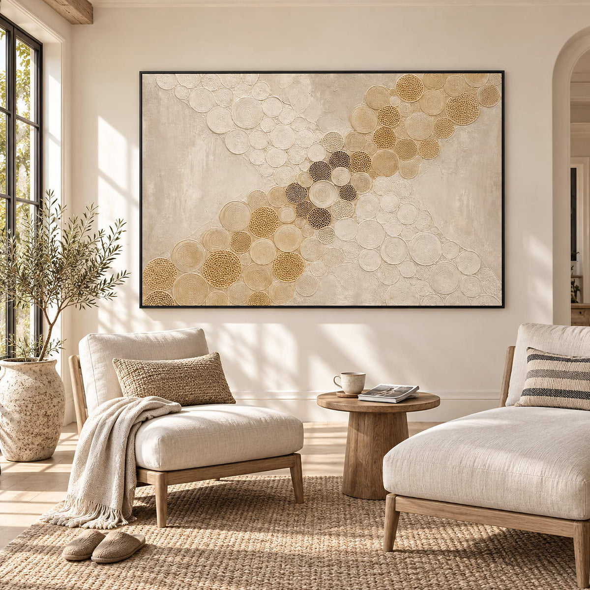 Ivory relief painting with crossing bands of gold and cream circles in a black frame in a sunlit seating area.