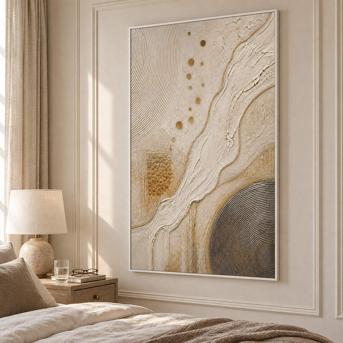 Ivory and gold relief painting with flowing ridges and textured circles in a white frame in a bedroom.