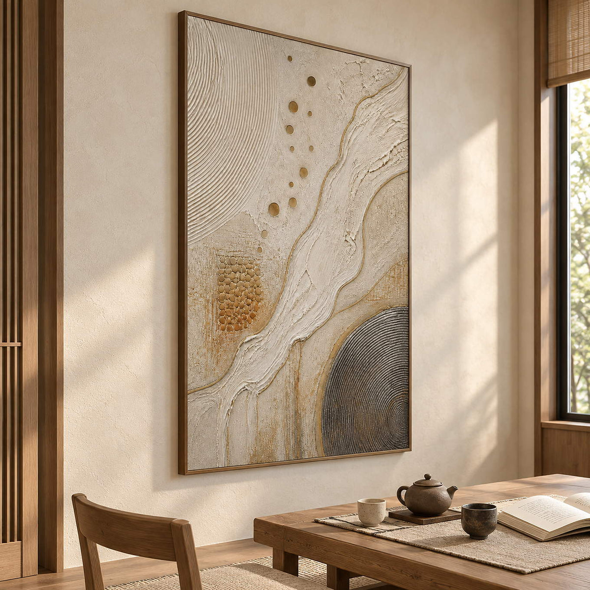 Ivory and gold relief painting with flowing ridges and textured circles in a brown wood frame in a tea room.