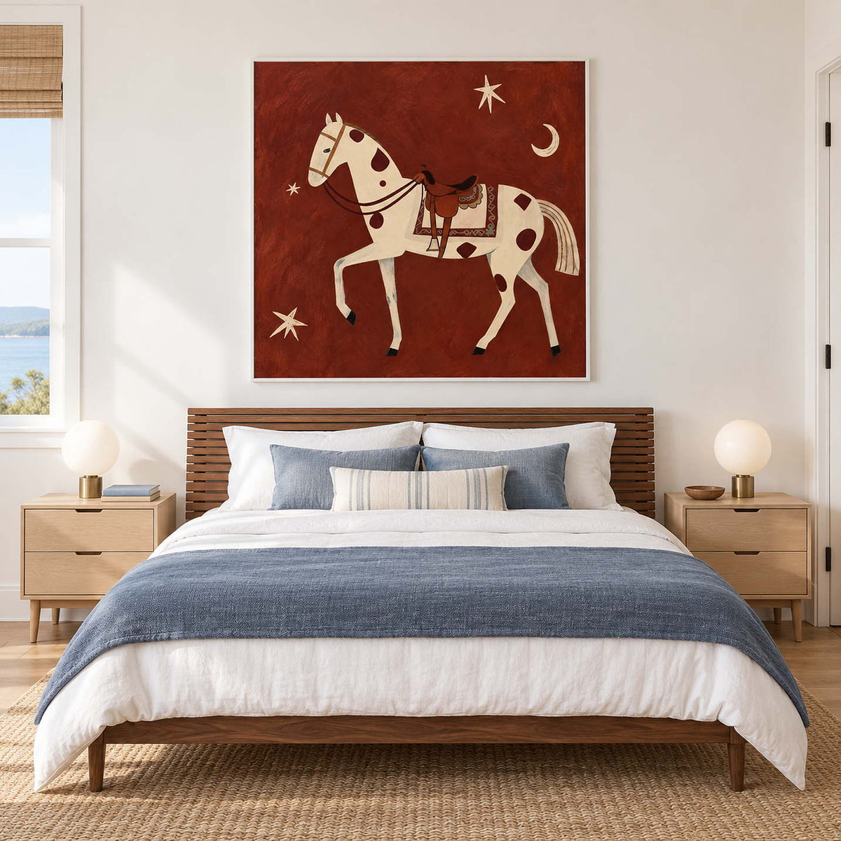 Rust-red equestrian painting above a wooden bed with blue bedding.