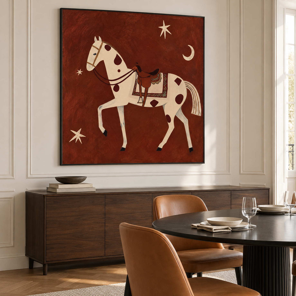 Spotted horse painting above a sideboard beside a dark dining table.