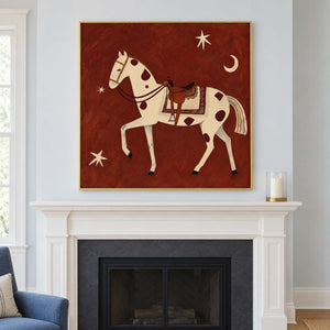 Star-and-horse artwork centered above a white fireplace.