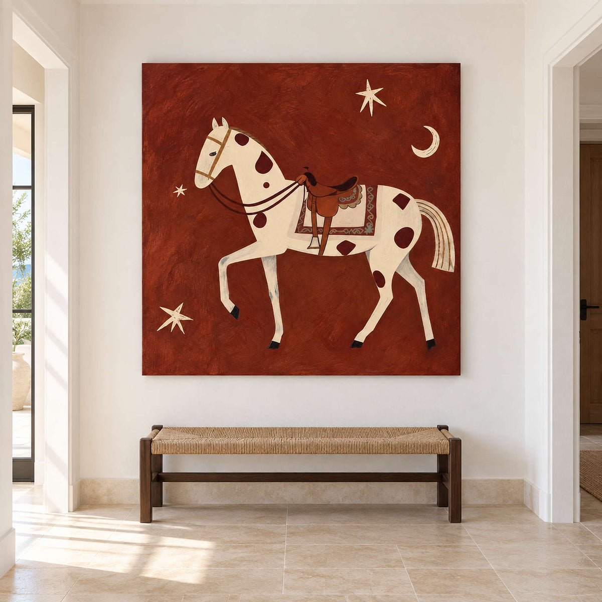 Square horse painting above a woven-seat hallway bench.