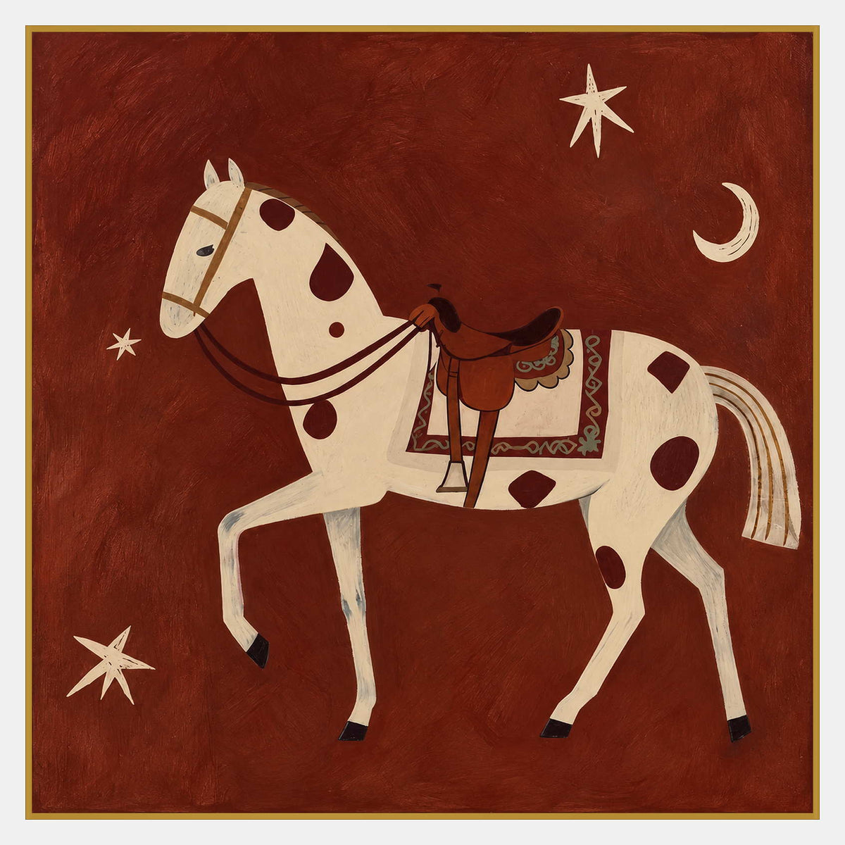 Cream horse with dark red spots and a saddle, surrounded by stars and a crescent on rust red.