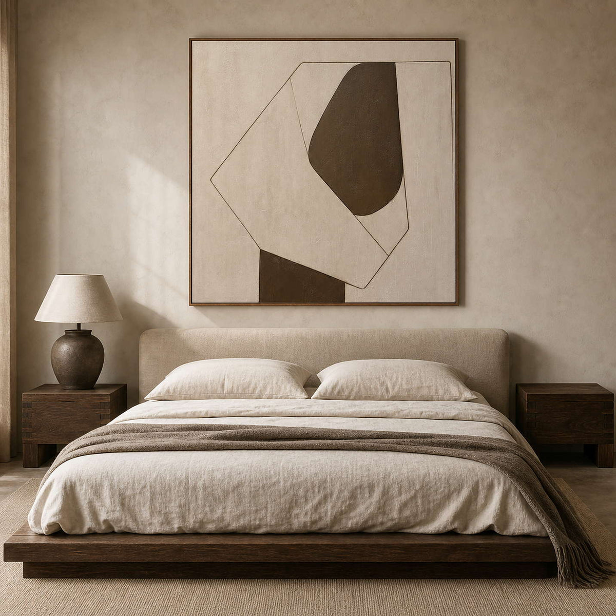 Minimalist Abstract Wall Art displayed in a refined bedroom.