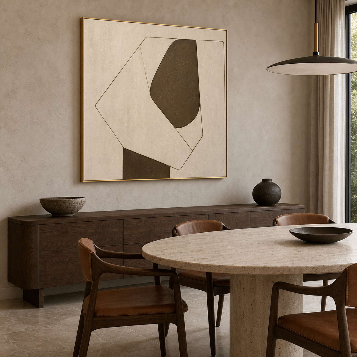 Minimalist Abstract Wall Art displayed in a refined dining room.