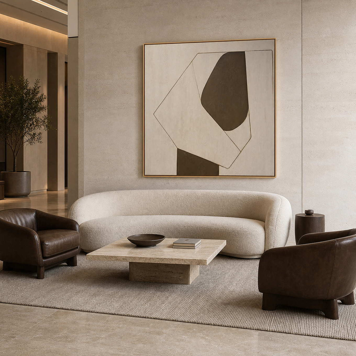 Minimalist Abstract Wall Art displayed in a refined hospitality lounge 2.