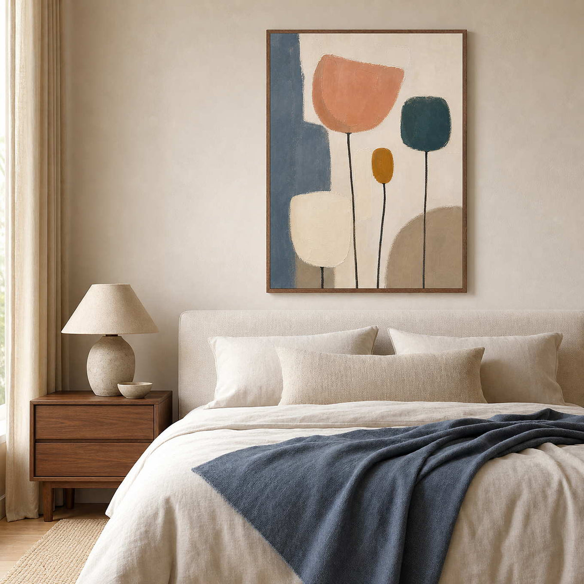 Blush and teal floral painting above a cream bedroom.