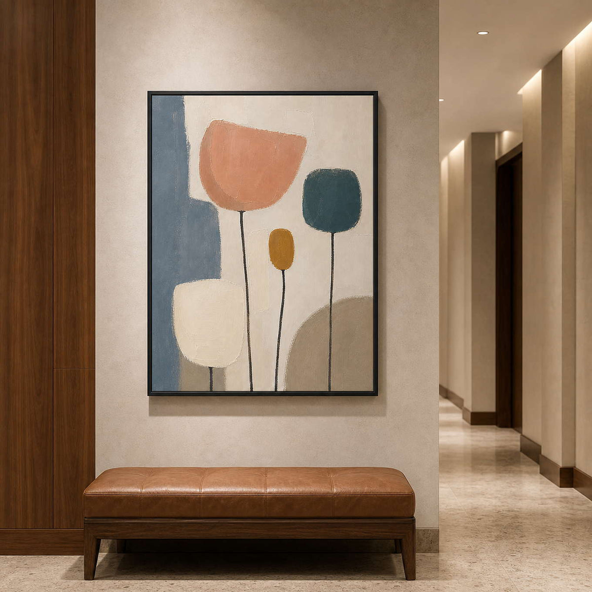 Vertical abstract floral painting along a boutique hotel corridor.